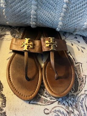 Tory Burch Brown Leather Thong Sandals with Gold Logo Hardware